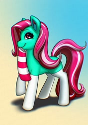 Size: 1448x2048 | Tagged: safe, artist:itxi_izalith, minty, earth pony, pony, g3, clothes, female, gradient background, mare, mouth hold, ponies in socks, smiling, socks, solo, striped socks, that pony sure does love socks, thigh highs