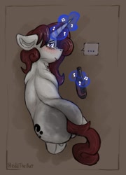 Size: 949x1316 | Tagged: safe, artist:reddthebat, oc, oc only, oc:violina (reddthebat), ghost, ghost pony, pony, unicorn, ..., blushing, bottle, butt, female, floppy ears, glowing, glowing horn, horn, levitation, looking at you, magic, mare, music notes, nose wrinkle, plot, solo, speech bubble, telekinesis, wine bottle