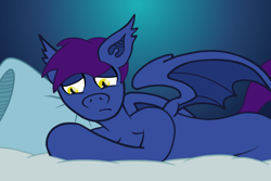 Size: 1800x1200 | Tagged: safe, bat pony, bed, frown, gradient background, lying down, male, pillow, solo, stallion