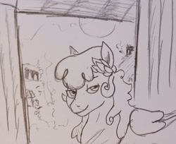 Size: 2048x1669 | Tagged: safe, artist:pony quarantine, pegasus, pony, emperor nero, grayscale, laurel wreath, lidded eyes, looking at you, male, monochrome, nero, pencil drawing, ponified, rome, smiling, smiling at you, solo, stallion, traditional art