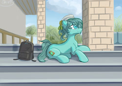 Size: 3035x2150 | Tagged: safe, artist:cavity, oc, oc only, oc:wind crystal, earth pony, backpack, cloud, looking up, lying down, smiling, solo, stairs, tree