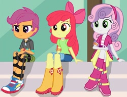 Size: 750x575 | Tagged: safe, edit, edited screencap, editor:mantillamel, screencap, apple bloom, scootaloo, sweetie belle, human, equestria girls, g4, my little pony equestria girls: friendship games, 2024, converse, cutie mark crusaders, disabled, female, leg brace, shoes, trio, trio female