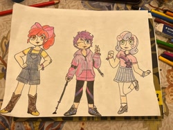 Size: 2048x1536 | Tagged: safe, artist:fruityoctopus, apple bloom, scootaloo, sweetie belle, human, g4, 2024, crutches, cutie mark crusaders, disabled, drawing, female, humanized, irl, peace sign, photo, smiling, traditional art, trio, trio female