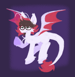 Size: 1356x1397 | Tagged: safe, artist:dawhitechangling, oc, oc only, oc:dimmer light, changeling, pegasus, pony, bat wings, disguise, disguised changeling, disgusted, ear fluff, glasses, ponysona, simple background, solo, wings