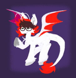 Size: 1356x1397 | Tagged: safe, alternate version, artist:maxis_da_hades, oc, oc only, oc:dimmer light, changeling, pegasus, pony, bat wings, disguise, disguised changeling, disgusted, ear fluff, glasses, ponysona, simple background, solo, wings