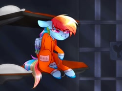 Size: 2732x2048 | Tagged: safe, artist:kittycocoa69, rainbow dash, pegasus, pony, g4, b-f16, clothes, jail, jail cell, jumpsuit, pillow, prison, prison cell, prison outfit, prisoner, prisoner rd, shackles, solo