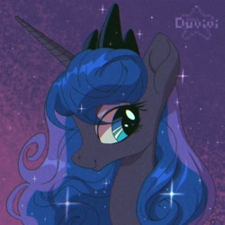 Size: 2000x2000 | Tagged: safe, artist:duvivi, princess luna, alicorn, pony, g4, abstract background, aside glance, bust, cute, female, looking at you, lunabetes, mare, portrait, smiling, smiling at you, solo, sparkles