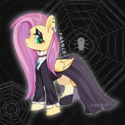 Size: 2000x2000 | Tagged: safe, artist:长海, fluttershy, pegasus, pony, spider, g4, abstract background, aside glance, female, fluttergoth, looking at you, mare, solo