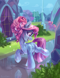 Size: 1950x2500 | Tagged: safe, artist:jewellier, star swirl, crystal pony, earth pony, pony, g4, alternate hairstyle, bush, contest entry, crystal empire, crystallized, duo, duo female, eyes closed, female, glowing, happy, high res, mare, open mouth, open smile, outdoors, signature, smiling, solo focus, sparkling, species swap, standing on two hooves, stars, streetlight