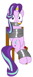 Size: 2100x4756 | Tagged: safe, alternate version, artist:cardshark777, starlight glimmer, pony, unicorn, g4, bondage, bound and gagged, female, gag, helpless, hooves behind back, horn, horn ring, looking at you, magic suppression, mare, ring, simple background, sitting, sock gag, socks, solo, tape, tape bondage, tape gag, tied up, transparent background, two toned mane, wide eyes