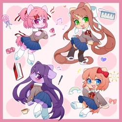 Size: 1080x1080 | Tagged: safe, artist:blueeye, earth pony, pony, unicorn, abstract background, blushing, book, bow, candy, clothes, cookie, cup, doki doki literature club!, female, food, hair bow, hairpin, heart, horn, lollipop, mare, monika, music notes, musical instrument, natsuki, open mouth, outline, passepartout, pen, polka dot background, ponified, puffy cheeks, rainbow, sayori, school uniform, shoes, skirt, smiling, socks, sun, white outline, yuri (ddlc)