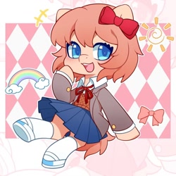 Size: 1080x1080 | Tagged: safe, artist:blueeye, earth pony, pony, abstract background, blushing, book, bow, clothes, doki doki literature club!, female, hair bow, mare, open mouth, outline, pen, ponified, rainbow, sayori, school uniform, shoes, skirt, smiling, socks, solo, sun, white outline