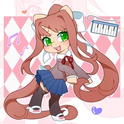 Size: 1080x1080 | Tagged: safe, artist:blueeye, pony, unicorn, abstract background, blushing, bow, clothes, doki doki literature club!, female, hair bow, heart, horn, mare, monika, music notes, musical instrument, open mouth, outline, pen, ponified, school uniform, shoes, skirt, smiling, socks, solo, white outline