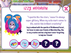 Size: 3001x2251 | Tagged: safe, artist:prixy05, izzy moonbow, pony, unicorn, g5, my little pony: tell your tale, description, female, horn, introduction card, like gaming, mare, solo, text