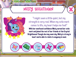 Size: 3001x2251 | Tagged: safe, artist:prixy05, misty brightdawn, pony, unicorn, g5, my little pony: tell your tale, description, female, horn, introduction card, like gaming, mare, rebirth misty, solo, text