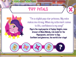 Size: 3001x2251 | Tagged: safe, artist:prixy05, pipp petals, pegasus, pony, g5, my little pony: tell your tale, description, female, introduction card, like gaming, mare, solo, text