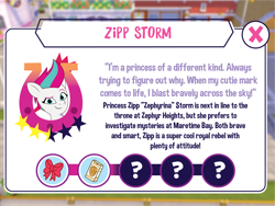 Size: 3001x2251 | Tagged: safe, artist:prixy05, zipp storm, pegasus, pony, g5, my little pony: tell your tale, description, female, introduction card, like gaming, mare, solo, text