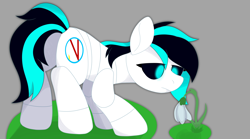 Size: 4500x2500 | Tagged: safe, artist:ponkus, oc, oc only, oc:prototype v, pony, robot, robot pony, artfight, bent over, big hooves, black sclera, blue eyes, colored sclera, female, flower, gift art, glowing, glowing eyes, lidded eyes, looking at something, mare, simple background, snowdrop (flower), solo, standing, tail, two toned mane, two toned tail, white coat