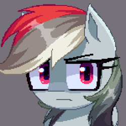 Size: 3000x3000 | Tagged: safe, artist:opal_radiance, rainbow dash, pegasus, pony, g4, :|, bust, commission, digital art, female, gray background, looking at you, mare, pixel art, simple background, solo, unamused, ych result