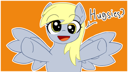 Size: 1920x1080 | Tagged: safe, artist:claynus, derpy hooves, pegasus, pony, g4, female, hug request, incoming hug, mare, offscreen character, orange background, pov, simple background, solo