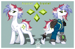 Size: 1592x1050 | Tagged: safe, artist:devorierdeos, oc, oc only, oc:crystal, pony, unicorn, fallout equestria, bag, chest fluff, clothes, colored eyebrows, cutie mark, eyelashes, green eyes, horn, jumpsuit, lidded eyes, looking down, multicolored mane, multicolored tail, noise, passepartout, pipbuck, reference sheet, saddle bag, shadow, signature, simple background, sparkly mane, sparkly tail, spiky mane, spiky tail, standing, stimpak, tail, tall, text, textured background, unicorn horn, unicorn oc, vault dweller, vault suit, white coat