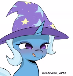 Size: 1958x2048 | Tagged: safe, artist:eltrash_art6, trixie, pony, unicorn, g4, bedroom eyes, blushing, clothes, female, hat, horn, licking, licking lips, mare, simple background, solo, tongue out, translation request, trixie's hat, white background