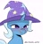 Size: 1958x2048 | Tagged: safe, artist:eltrash_art6, trixie, pony, unicorn, g4, bedroom eyes, blushing, clothes, female, hat, horn, licking, licking lips, mare, simple background, solo, tongue out, translated in the comments, trixie's hat, white background