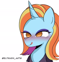 Size: 1958x2048 | Tagged: safe, artist:eltrash_art6, sassy saddles, pony, unicorn, g4, bedroom eyes, blushing, clothes, dress, eyeshadow, female, horn, licking, licking lips, makeup, mare, simple background, solo, tongue out, white background