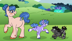 Size: 2248x1270 | Tagged: safe, artist:bluemoon, edit, edited screencap, screencap, oc, oc only, oc:irie, oc:mrs blu, oc:starberry bush, earth pony, pony, unicorn, zebra, colt, female, fetlock tuft, filly, foal, horn, looking at each other, looking at someone, male, mare, mother, play date, smiling, smiling at each other, stallion, zebra oc