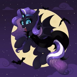 Size: 4000x4000 | Tagged: safe, artist:confetticakez, nightmare rarity, alicorn, bat, bat pony, bat pony alicorn, pony, g4, absurd resolution, bat ears, bat ponified, bat wings, cape, clothes, cloud, commission, curved horn, cute, cute little fangs, ear fluff, ear tufts, fangs, female, flying, full moon, horn, horn jewelry, horn ring, jewelry, looking at you, mare, moon, night, night sky, open mouth, open smile, outdoors, race swap, raribat, red eyes, ring, sky, slit pupils, smiling, smiling at you, solo, spread wings, stars, tail, wings, ych result