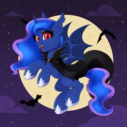Size: 4000x4000 | Tagged: safe, alternate character, alternate version, artist:confetticakez, princess luna, alicorn, bat, bat pony, bat pony alicorn, pony, g4, absurd resolution, bat ears, bat ponified, bat wings, cape, clothes, cloud, commission, curved horn, cute, cute little fangs, ear fluff, ear tufts, ethereal mane, ethereal tail, fangs, female, flying, full moon, hoof shoes, horn, looking at you, lunabat, mare, moon, night, night sky, open mouth, open smile, outdoors, princess shoes, race swap, red eyes, sky, slit pupils, smiling, smiling at you, solo, spread wings, stars, tail, wings, ych result