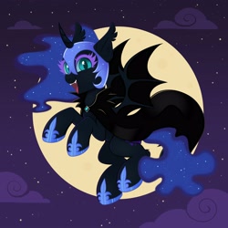 Size: 4000x4000 | Tagged: safe, alternate character, alternate version, artist:confetticakez, nightmare moon, alicorn, bat, bat pony, bat pony alicorn, pony, g4, absurd resolution, bat ears, bat ponified, bat wings, cape, clothes, cloud, commission, curved horn, cute, cute little fangs, ear fluff, ear tufts, ethereal mane, ethereal tail, fangs, female, flying, full moon, hoof shoes, horn, looking at you, mare, moon, night, night sky, open mouth, open smile, outdoors, princess shoes, race swap, red eyes, sky, slit pupils, smiling, smiling at you, solo, spread wings, stars, tail, wings, ych result