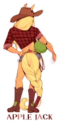 Size: 580x1200 | Tagged: safe, artist:setomie, applejack, human, g4, applejack's hat, boots, braid, braided tail, cowboy hat, eared humanization, female, hat, humanized, rear view, shoes, simple background, solo, tail, tailed humanization, tattoo, tramp stamp, white background, wip