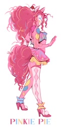 Size: 580x1200 | Tagged: safe, artist:setomie, pinkie pie, human, g4, bandeau, clothes, clown makeup, eared humanization, female, humanized, midriff, simple background, skirt, solo, tail, tailed humanization, white background, wip