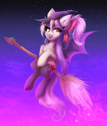 Size: 2129x2514 | Tagged: safe, artist:confetticakez, oc, oc only, oc:sweet velvet, bat pony, pony, bat pony oc, bat wings, bow, broom, chest fluff, clothes, ear fluff, fangs, female, flying, flying broomstick, hair bow, hat, high res, looking at you, mare, night, night sky, open mouth, open smile, outdoors, sky, smiling, smiling at you, socks, solo, spread wings, stars, tail, wings, witch hat