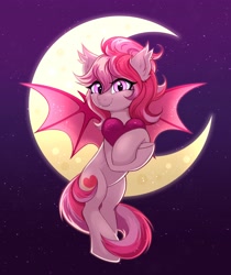 Size: 3154x3758 | Tagged: safe, artist:confetticakez, oc, oc only, oc:blood moon, bat pony, pony, bat pony oc, bat wings, colored wings, crescent moon, doodle, ear fluff, ear tufts, fangs, female, flying, heart, high res, looking at you, mare, moon, night, night sky, outdoors, pink coat, pink wings, ponytail, sky, slit pupils, smiling, smiling at you, solo, sparkly mane, sparkly tail, sparkly wings, spread wings, starry background, stars, tail, three toned mane, three toned tail, tied mane, wings