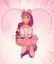 Size: 2574x3069 | Tagged: safe, artist:amitadust, artist:auroracursed, sunny starscout, earth pony, pony, g5, my little pony: a new generation, blushing, choker, clothes, colored eyebrows, cute, dress, eye clipping through hair, eyelashes, female, floating heart, heart, heart background, hooves to the chest, jewelry, looking at you, mane stripe sunny, mare, necklace, off shoulder, off shoulder sweater, pink skirt, pink sweater, pleated skirt, shoulderless, skirt, smiling, smiling at you, solo, sunnybetes, sweater