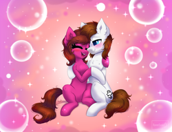 Size: 6100x4655 | Tagged: safe, artist:confetticakez, oc, oc only, oc:brain teaser, oc:rose bloom, earth pony, pony, absurd resolution, belly, blushing, bubble, chest fluff, commission, duo, duo male and female, ear fluff, earth pony oc, eyes closed, female, holding hooves, hug, male, mare, oc x oc, open mouth, open smile, shipping, sitting, smiling, sparkles, stallion, straight, tail