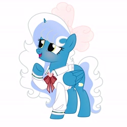 Size: 6890x6890 | Tagged: safe, artist:riofluttershy, oc, oc only, oc:fleurbelle, alicorn, pony, alicorn oc, blushing, bow, clothes, female, hair bow, horn, mare, simple background, solo, sweater, white background, wings