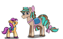 Size: 1600x1000 | Tagged: safe, artist:addelum, sunny starscout, earth pony, horse, pony, g5, banana, bow, cocoa (wild manes), crossover, duo, duo female, female, food, frown, height difference, looking at each other, looking at someone, mare, saddle, simple background, size difference, smiling, sunny's bag, tack, tail, tail bow, unshorn fetlocks, white background, wild manes