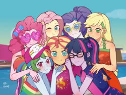 Size: 2160x1620 | Tagged: safe, artist:rsjl34, applejack, fluttershy, pinkie pie, rainbow dash, rarity, sci-twi, sunset shimmer, twilight sparkle, human, equestria girls, equestria girls specials, g4, my little pony equestria girls: better together, my little pony equestria girls: spring breakdown, clothes, cruise outfit, dress, eyes closed, glasses, group hug, heart shaped glasses, hug, humane five, humane seven, humane six, looking at you, one eye closed, shirt, sunglasses, wink