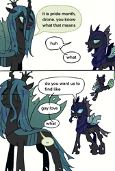 Size: 1120x1668 | Tagged: safe, artist:ywraa, queen chrysalis, thorax, changeling, changeling queen, g4, ..., 2 panel comic, :3, changeling armor, changeling egg, changeling guard, comic, confused, dialogue, dot eyes, duo, duo focus, english, eye contact, eyebrows, female, hoof hold, looking at each other, looking at someone, male, meme, open mouth, pride month, raised eyebrow, simple background, speech bubble, talking, white background