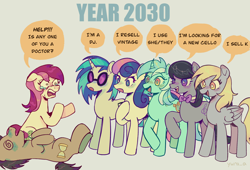 Size: 2048x1390 | Tagged: safe, artist:ywraa, bon bon, derpy hooves, dj pon-3, doctor whooves, lyra heartstrings, octavia melody, roseluck, sweetie drops, time turner, vinyl scratch, earth pony, pegasus, pony, unicorn, g4, background six, dazed, female, group, horn, knocked out, male, mare, meme, mixed pronouns, parody, ponified meme, pronouns, raised hoof, stallion, swirly eyes, wings, year 2030