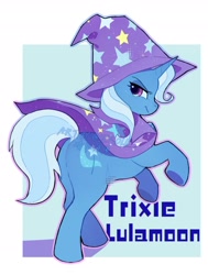 Size: 1702x2251 | Tagged: safe, artist:serolllingluan, trixie, pony, unicorn, g4, butt, cape, clothes, female, hat, horn, light blue background, mare, passepartout, simple background, solo, text