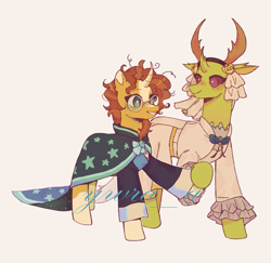 Size: 1479x1437 | Tagged: safe, artist:ywraa, sunburst, thorax, changedling, changeling, pony, unicorn, g4, cloak, clothes, crossdressing, dress, duo, duo male, gay, holding hooves, hoof hold, horn, king thorax, male, marriage, ship:thoraxburst, shipping, simple background, stallion, sunburst's cloak, tan background, tuxedo, wedding, wedding dress, white background