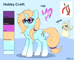 Size: 5000x4039 | Tagged: safe, artist:neoncel, oc, oc only, oc:hobby craft, pony, unicorn, commission, cutie mark, female, female oc, glasses, hair tie, hooves, horn, mare, mare oc, pony oc, quadrupedal, reference sheet, solo, standing, tail, unicorn oc