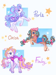 Size: 1536x2048 | Tagged: safe, artist:sonira24, horse, g2, bandana, bow, cocoa (wild manes), female, finley (wild manes), floating heart, hair bow, heart, mare, motion lines, perla (wild manes), raised hoof, saddle, signature, smiling, stars, style emulation, tack, tail, tail bow, unshorn fetlocks, wild manes, wild manes to g2