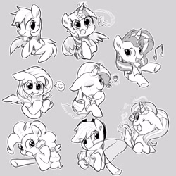 Size: 1600x1600 | Tagged: safe, artist:twiliset, applejack, fluttershy, pinkie pie, rainbow dash, rarity, starlight glimmer, sunset shimmer, twilight sparkle, alicorn, earth pony, pegasus, pony, unicorn, g4, black and white, book, clothes, cupcake, cute, draft, dress, food, grayscale, heart, heart eyes, horn, magic, mane six, monochrome, open mouth, rope, scroll, simple background, smiling, spread wings, twilight sparkle (alicorn), wingding eyes, wings