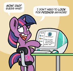 Size: 1289x1250 | Tagged: safe, artist:toonbat, derpibooru exclusive, twilight sparkle, pony, unicorn, g4, '90s, adorkable, anachronism, artificial intelligence, chair, character.ai, computer, cute, dork, female, filly, filly twilight sparkle, imac, looking back, nerd, oh no, open mouth, open smile, smiling, solo, table, this will end in tears, this will not end well, unicorn twilight, younger