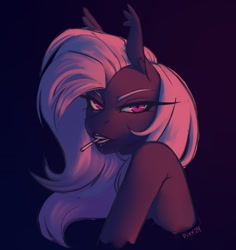 Size: 1398x1484 | Tagged: safe, artist:pixxpal, oc, oc only, oc:lilac night, bat pony, anthro, bedroom eyes, candy, dark, female, food, human shoulders, lipstick, lollipop, looking at you, mare, seductive, sexy, simple background, smiling, solo